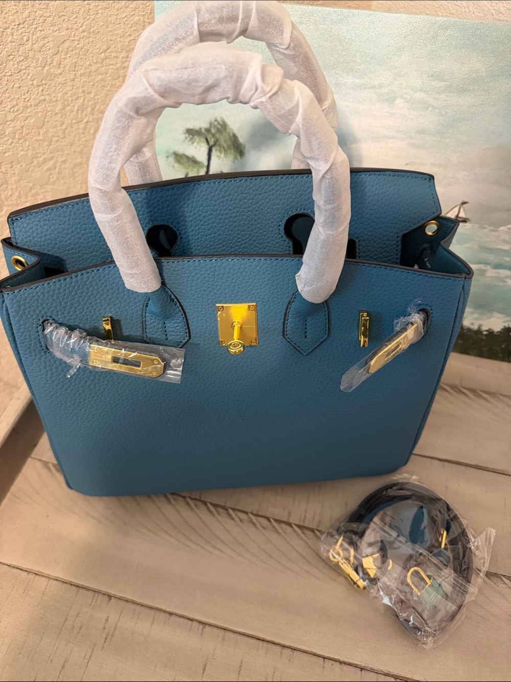 Elegant Teal Top-Handle Satchel Bag 100% leather with Gold Hardware. Brand New